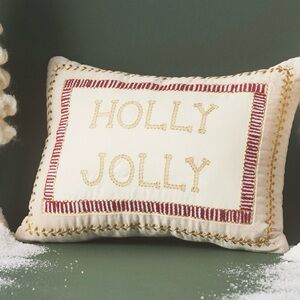 Anthropologie Cream and Gold 'Holly Jolly' Holiday Pillow Fun Gift